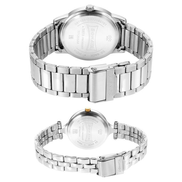 Sonata Quartz Analog Silver Dial Stainless Steel Strap Watch for Couple - image number 3
