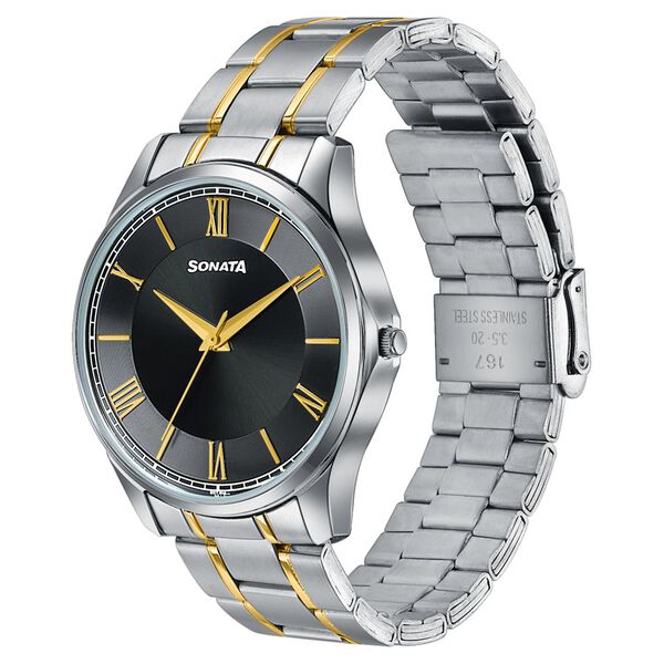 Sonata Traditional Essentials Black Dial Silver & Gold-Tone Stainless Steel Strap Watch - image number 2