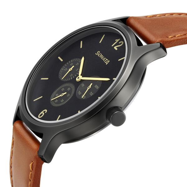 Sonata Quartz Multifunction Grey Dial Leather Strap Watch for Men - image number 2