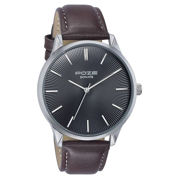 Sonata Poze Quartz Analog Black Dial Brown Color Leather Strap Watch For Men - image number 2