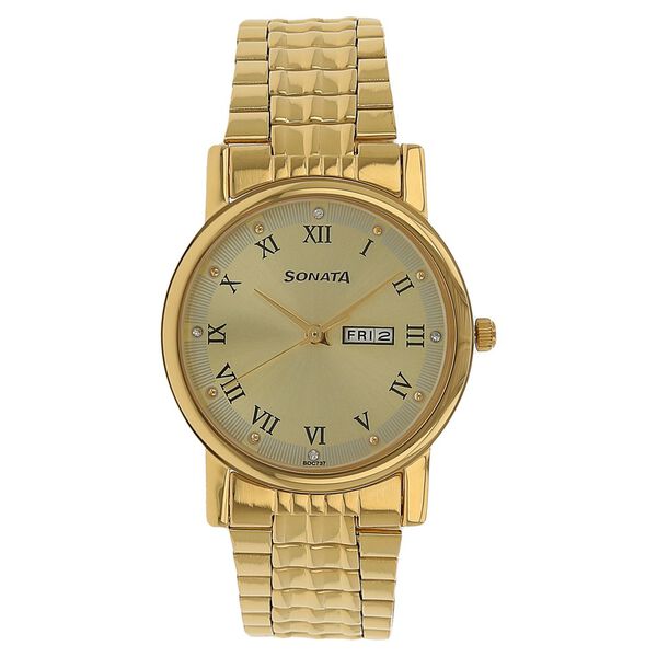 Sonata Quartz Analog with Day and Date Champagne Dial Stainless Steel Strap Watch for Men - image number 0