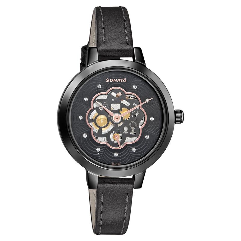 Sonata Unveil Black Dial Women Watch With Leather Strap - image number 0