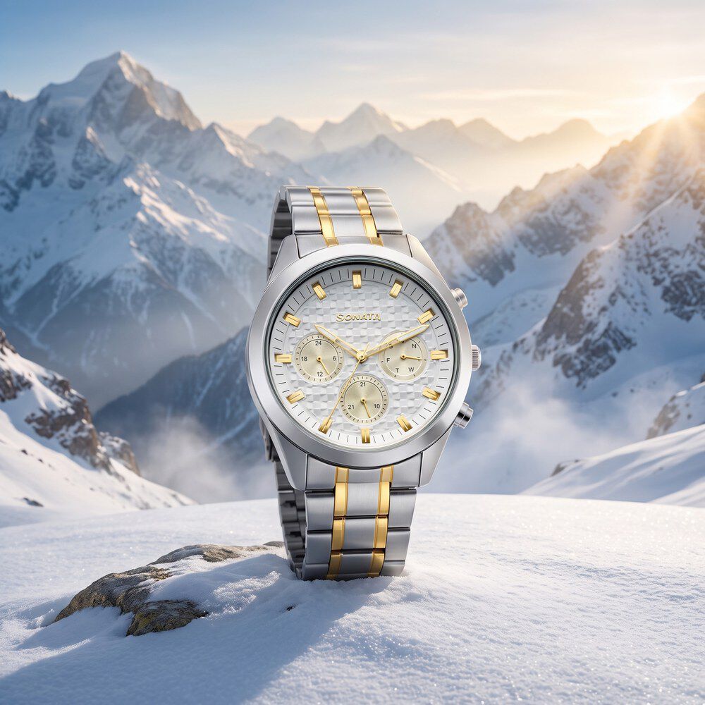 Sonata Summit Quartz Multifunction White Dial Two Toned Metal Strap Watch For Men-image-38