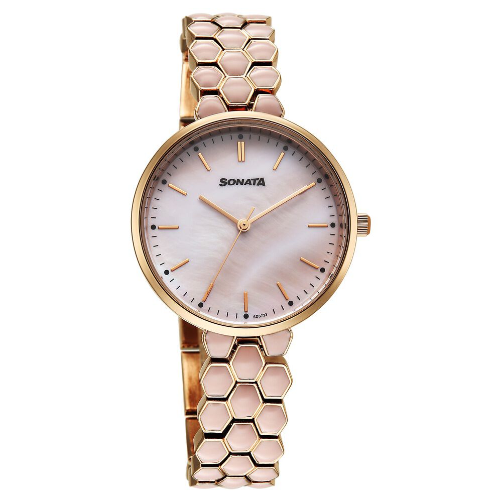 Sonata Festive Quartz Analog Pink Dial Metal & Enamel Strap Watch For Women