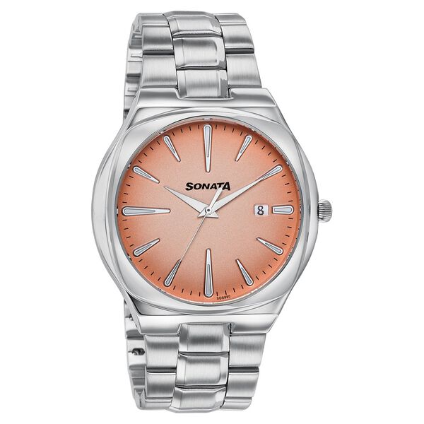 Sonata Festive Quartz Analog Peach Dial Silver Metal Strap Watch For Men - image number 1
