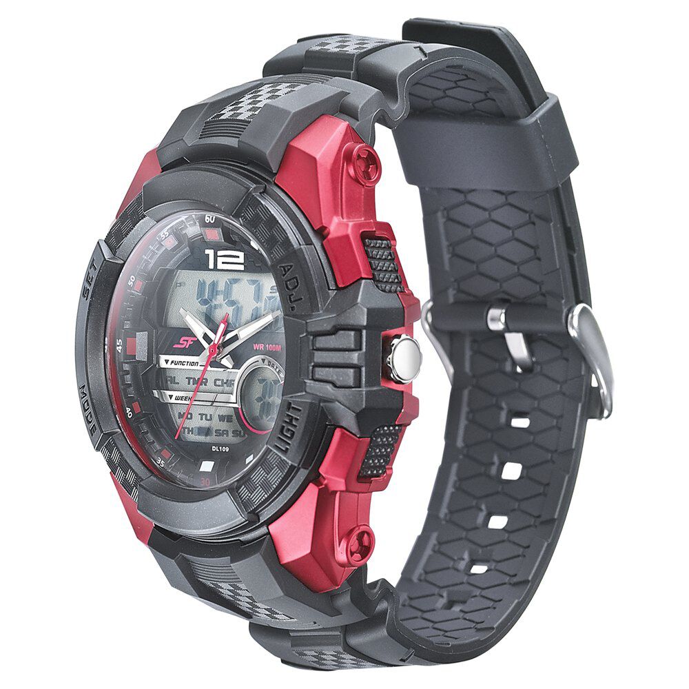 SF Quartz Analog Digital Black Dial PU Strap Watch for Men