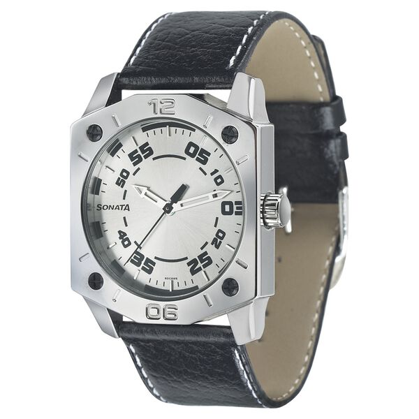 Sonata Quartz Analog Silver Dial Leather Strap Watch for Men - image number 0