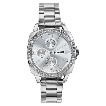 Sonata Festive Quartz Multifunction Silver Dial Silver Metal Strap Watch For Women