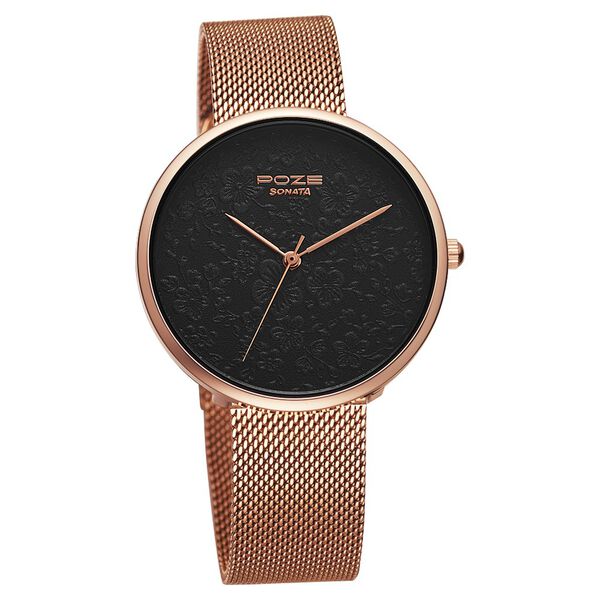 Poze by Sonata Quartz Analog Black Dial Stainless Steel Strap Watch for Women - image number 1
