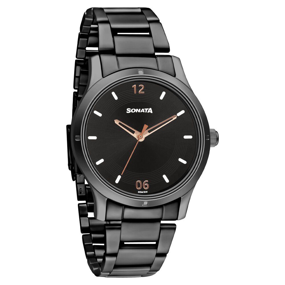 Buy Online Sonata Women of Steel Black Dial Stainless Steel Strap Watch for Women ns8183nm02 Sonata