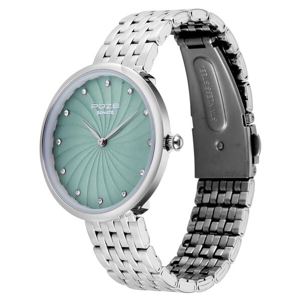 Poze By Sonata Quartz Analog Green Dial Silver Metal Strap Watch For Men - image number 2