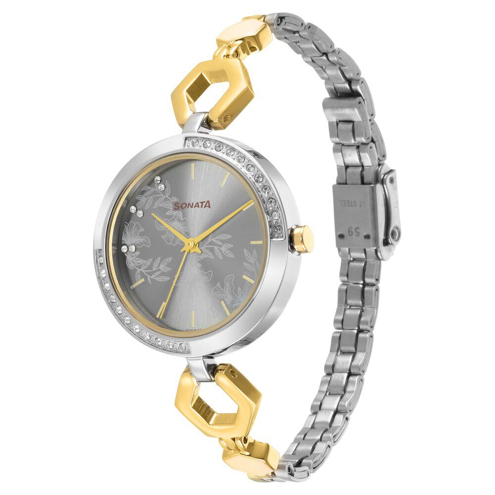 Sonata Utsav Grey Dial Two Toned Bi Metal Strap Watch for Women