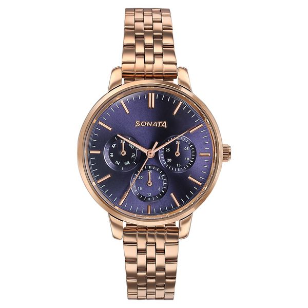 Sonata Verve Quartz Multifunction Blue Dial Rose Gold Metal Strap Watch For Women - image number 0