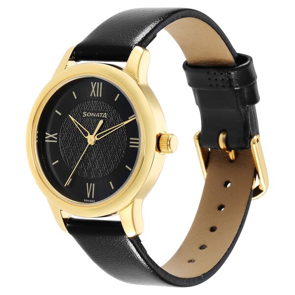 Sonata Classic Gold Black Dial Leather Strap Watch for Women - image number 1