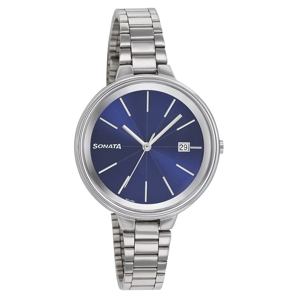 Sonata Quartz Analog Blue Dial Stainless Steel Strap Watch for