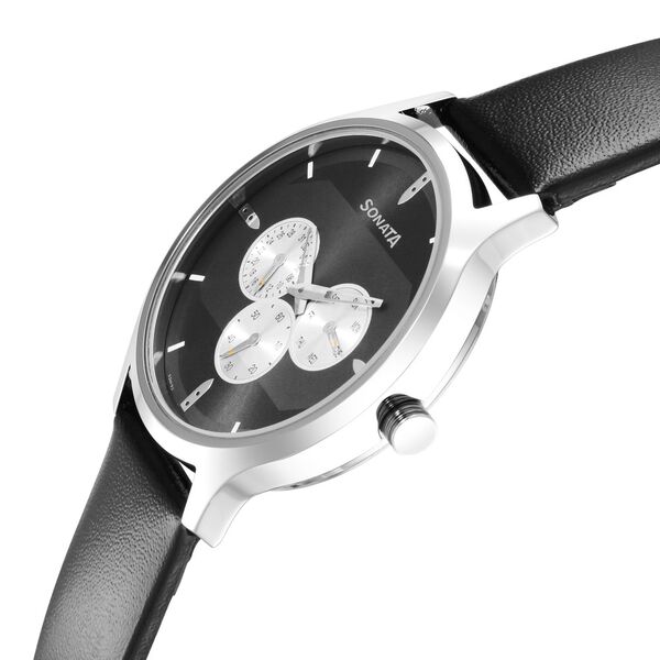 Sonata Force Quartz Multifunction Black Dial Leather Strap Watch for Men - image number 2