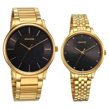 Sonata Pair Quartz Analog Black Dial Stainless Steel Strap Watch for Couple