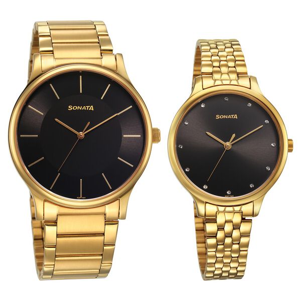 Sonata Pair Quartz Analog Black Dial Stainless Steel Strap Watch for Couple - image number 0