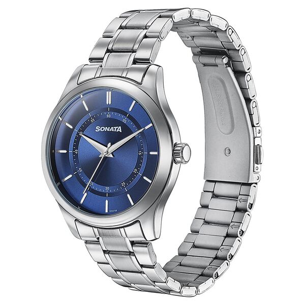Sonata Quartz Analog Blue Round Dial Silver Stainless Steel Strap Watch For Men - image number 3