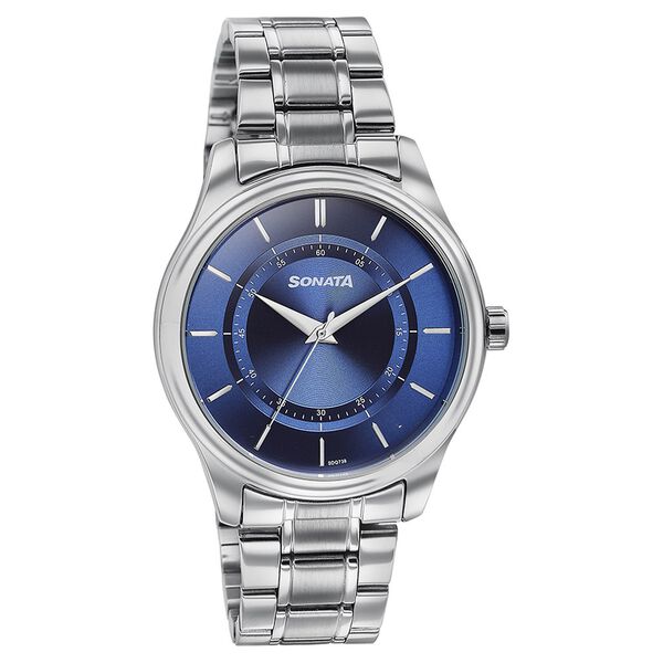 Sonata Quartz Analog Blue Round Dial Silver Stainless Steel Strap Watch For Men - image number 2