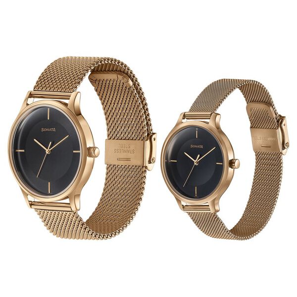 Sonata Modern Bandhan Quartz Analog Black Dial Rose Gold Stainless Steel Strap Watch For Couple - image number 2