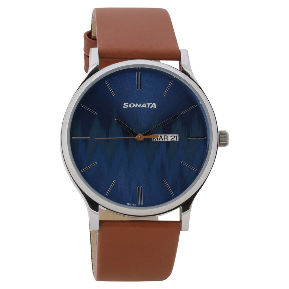 Buy Online Sonata Knot Blue Dial Leather Strap Watch for Men