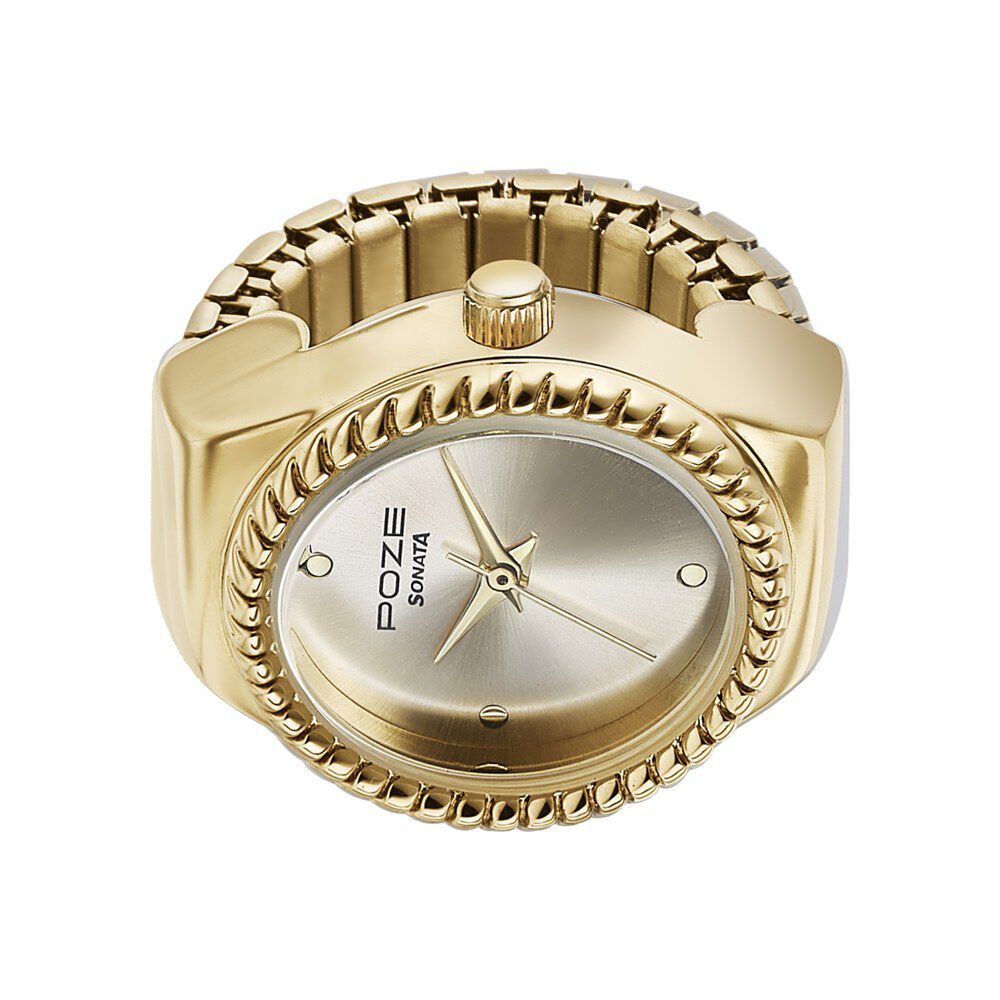 Buy Online Sonata Poze Quartz Analog Golden Dial Golden Color Stainless Steel Strap Ring Watch For Women sp80082ym01w p Sonata