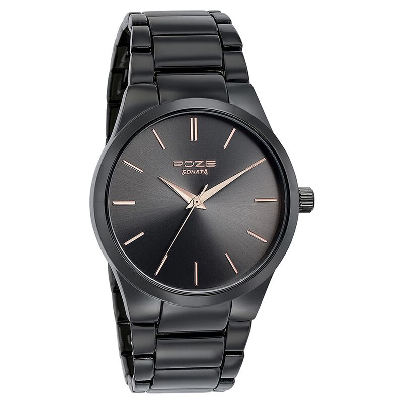 Sonata Poze Quartz Analog Black Round Dial Black Metal Strap Watch For Men