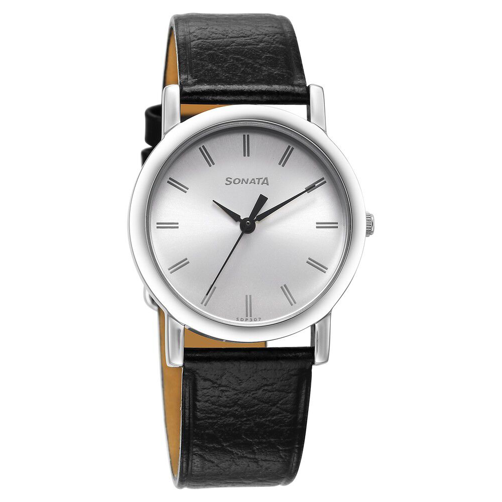 Sonata Classic Quartz Analog Silver Dial Black Leather Strap Watch