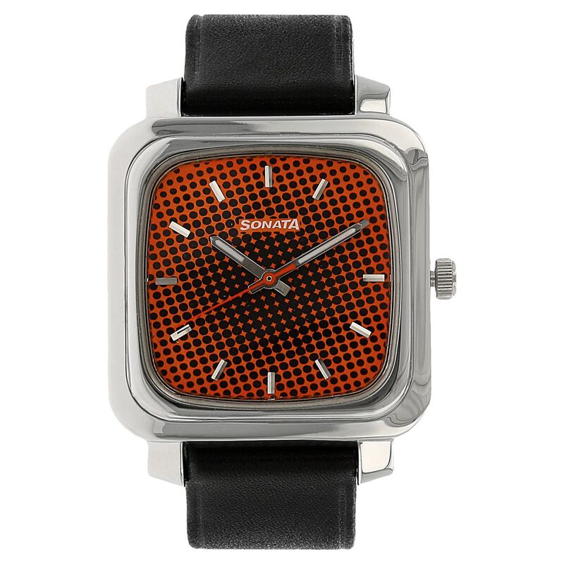 Sonata Quartz Analog Orange Dial Leather Strap Watch for Men - image number 0