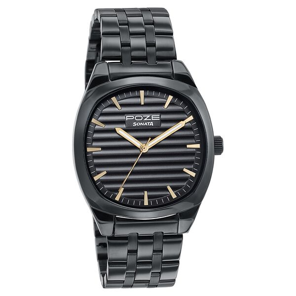 Poze By Sonata Quartz Analog Black Dial Black Metal Strap Watch For Men - image number 2
