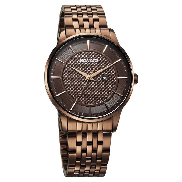 Sonata Wedding Quartz Analog Brown Dial Stainless Steel Strap Watch For Men - image number 0