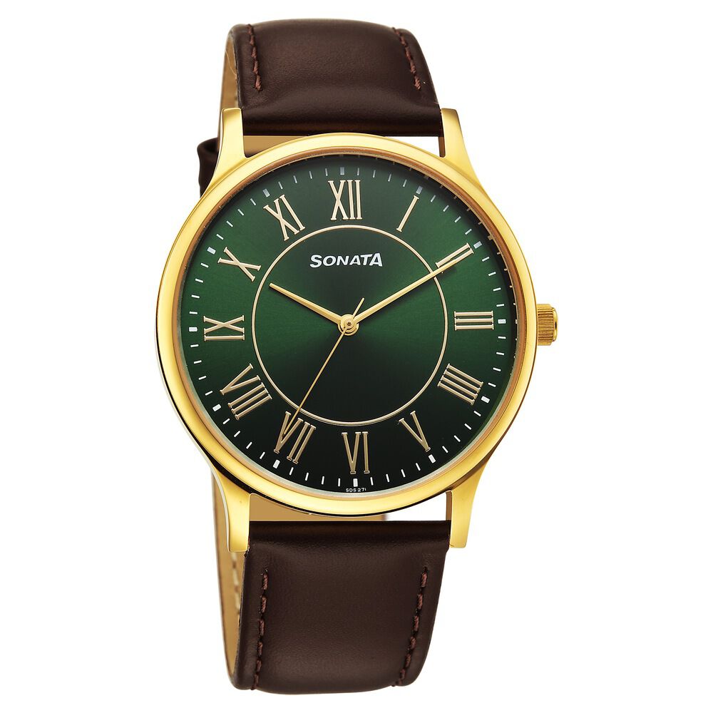 Sonata Traditional Essentials Quartz Analog Green Dial Brown Leather Strap Watch For Men