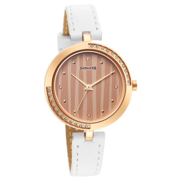Sonata Utsav Rose Gold Dial White Leather Strap Watch for Women - image number 0