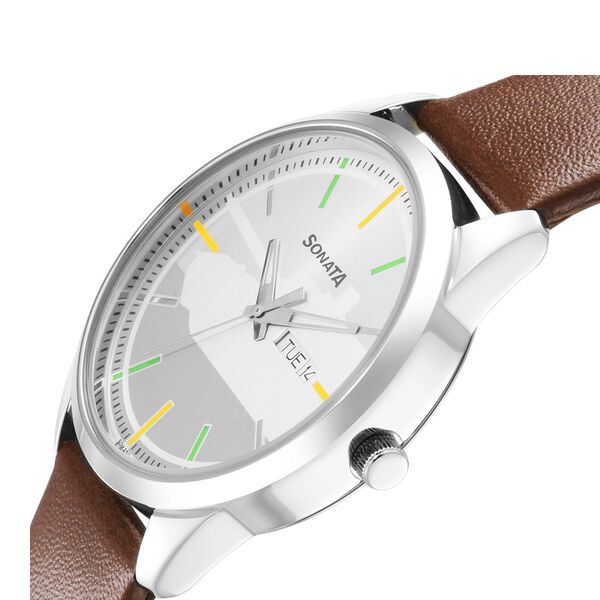 Sonata Force Quartz Analog with Day and Date Silver Dial Leather Strap Watch for Men - image number 4
