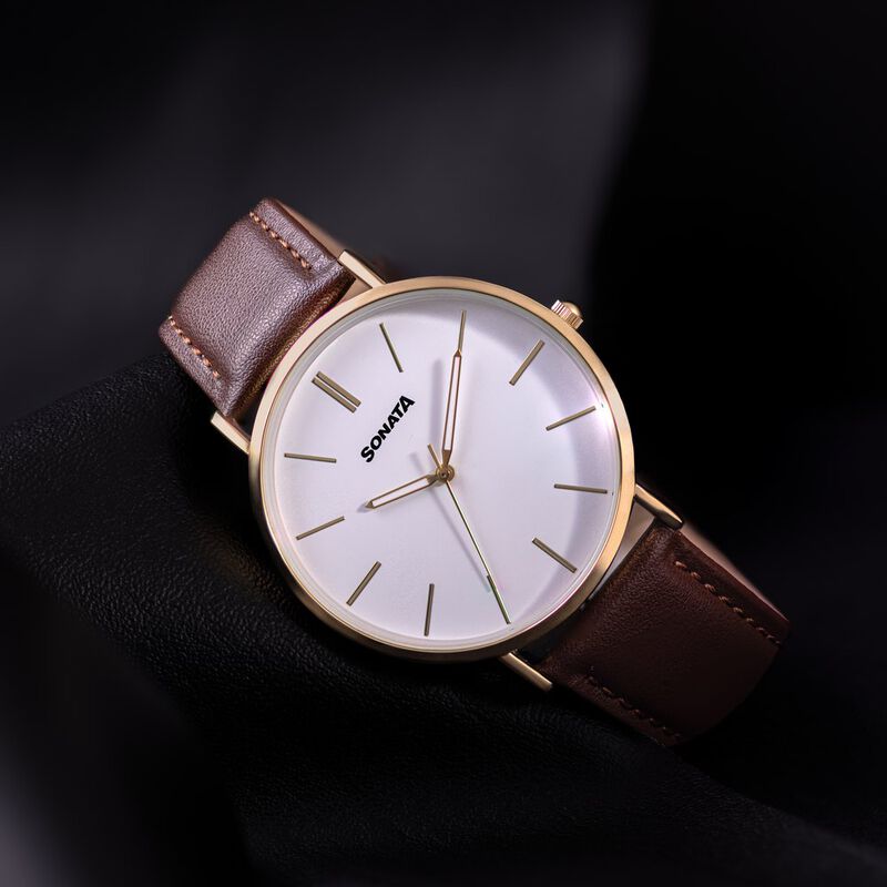 Buy Online Sonata Quartz Analog White Dial Brown Leather Strap