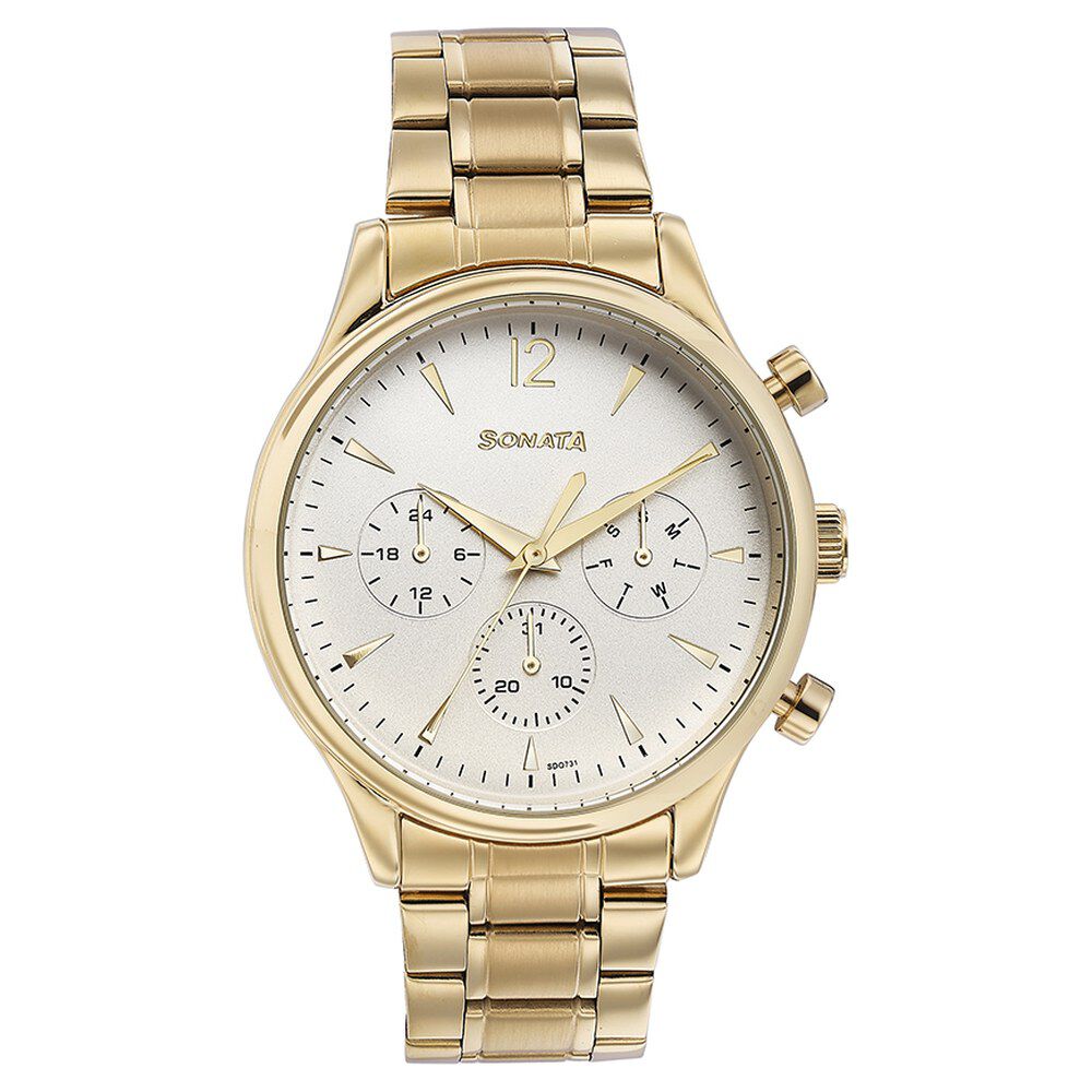 Buy Online Sonata Quartz Multifunction White Dial Golden Stainless Steel Strap Watch For Men 77146ym01 Sonata