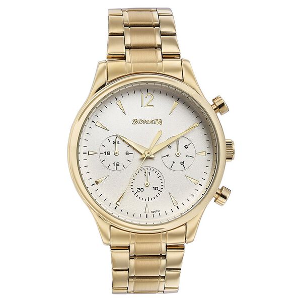 Sonata Quartz Multifunction White Dial Golden Stainless Steel Strap Watch For Men - image number 1