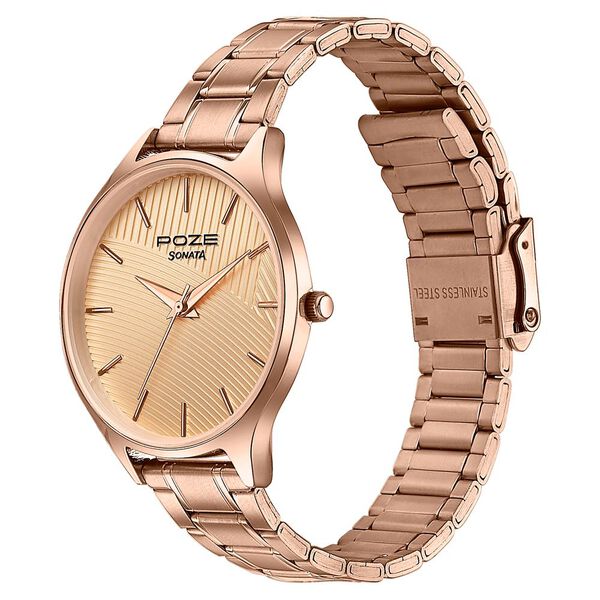 Sonata Poze Quartz Analog Beige Dial Rose Gold Colour Stainless Steel Strap Watch For Women - image number 4