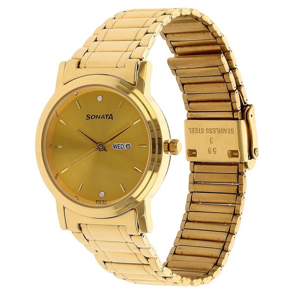 Sonata Quartz Analog with Day and Date Champagne Dial Stainless Steel Strap Watch for Men - image number 1