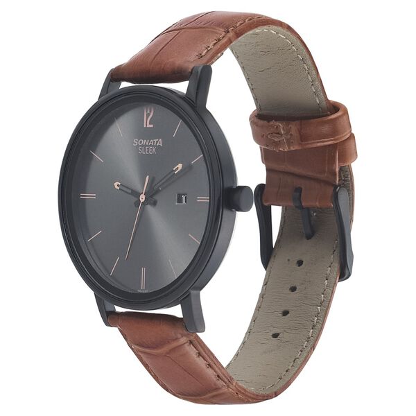 Sonata Quartz Analog with Date Black Dial Leather Strap Watch for Men - image number 1