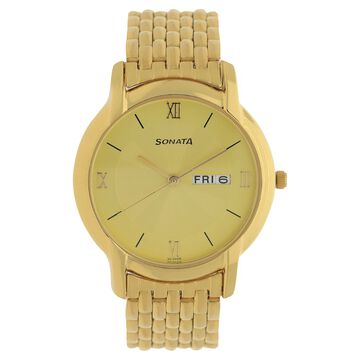 Sonata Quartz Analog with Day and Date Champagne Dial Metal Strap Watch for Men