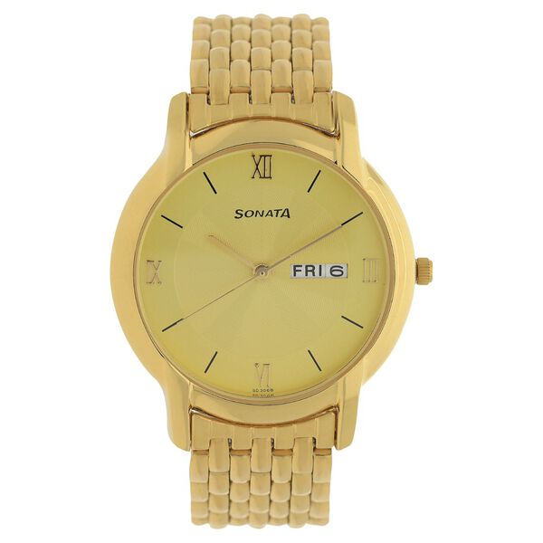 Sonata Quartz Analog with Day and Date Champagne Dial Metal Strap Watch for Men - image number 0