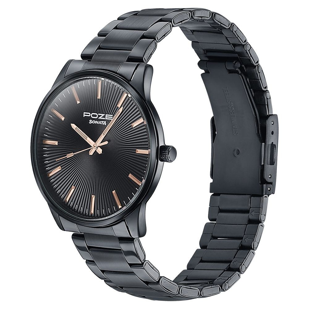 Buy Online Sonata Poze Quartz Analog Black Dial Metal Strap Watch