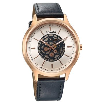 Sonata Unveil Quartz Multifunction Silver Dial Leather Strap Watch for Men