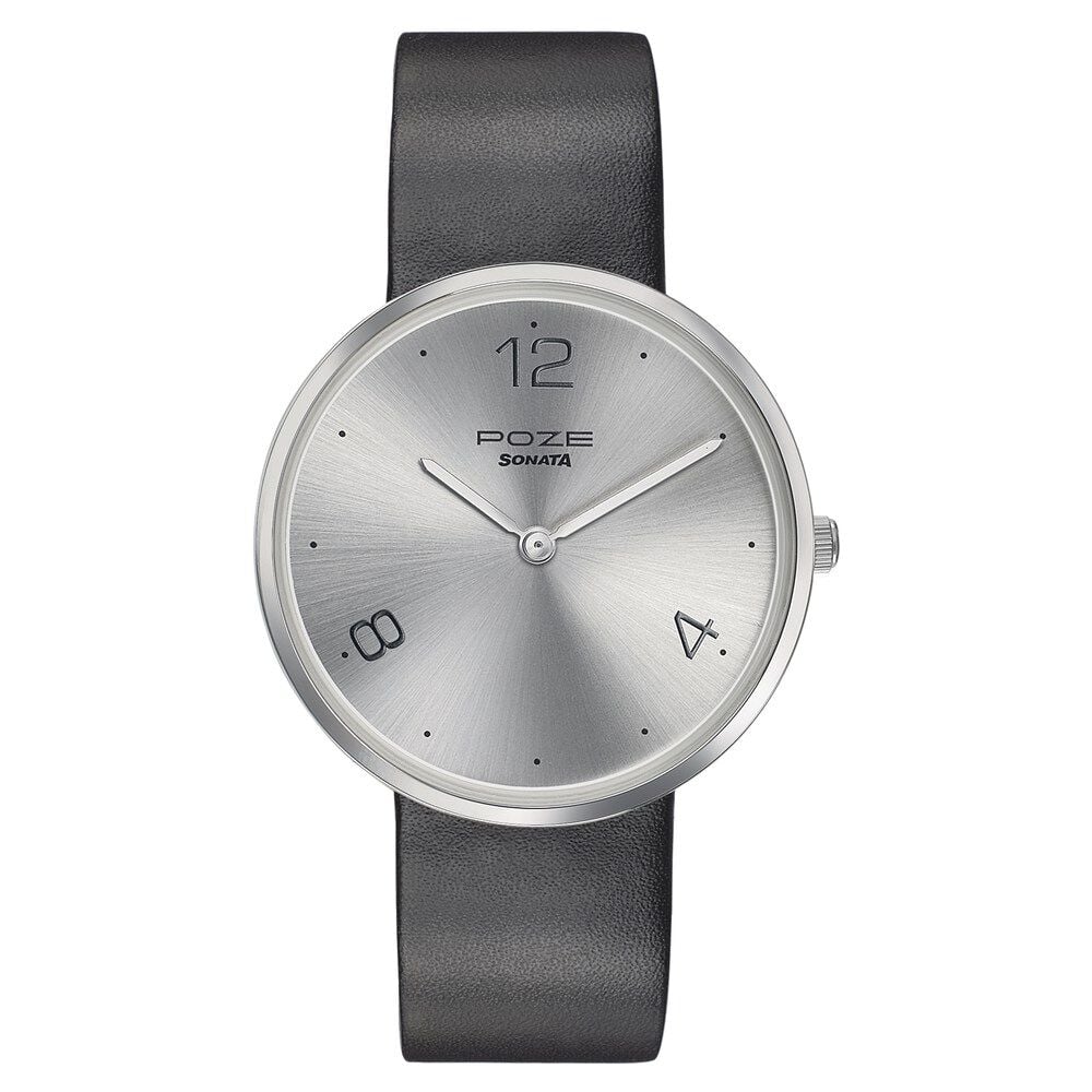 Sonata Poze Quartz Analog Silver Dial Leather Strap Watch for Men