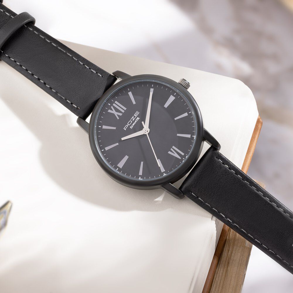 Buy Online Sonata Poze Quartz Analog Black Dial Leather Strap