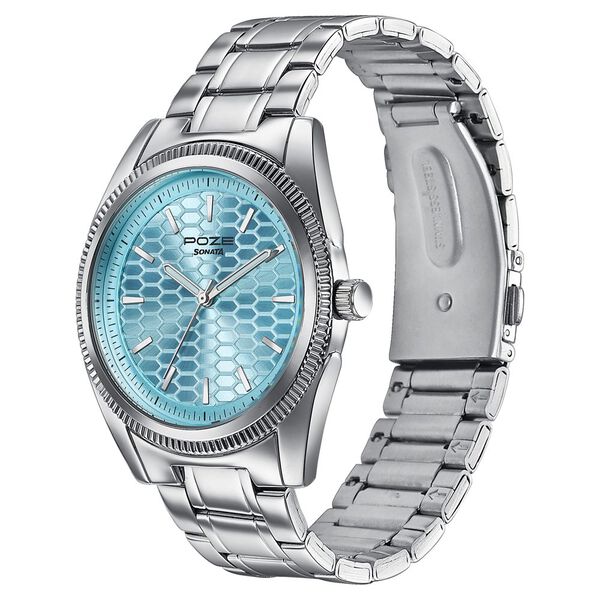 Poze By Sonata Quartz Analog Blue Dial Silver Metal Strap Watch For Men - image number 4