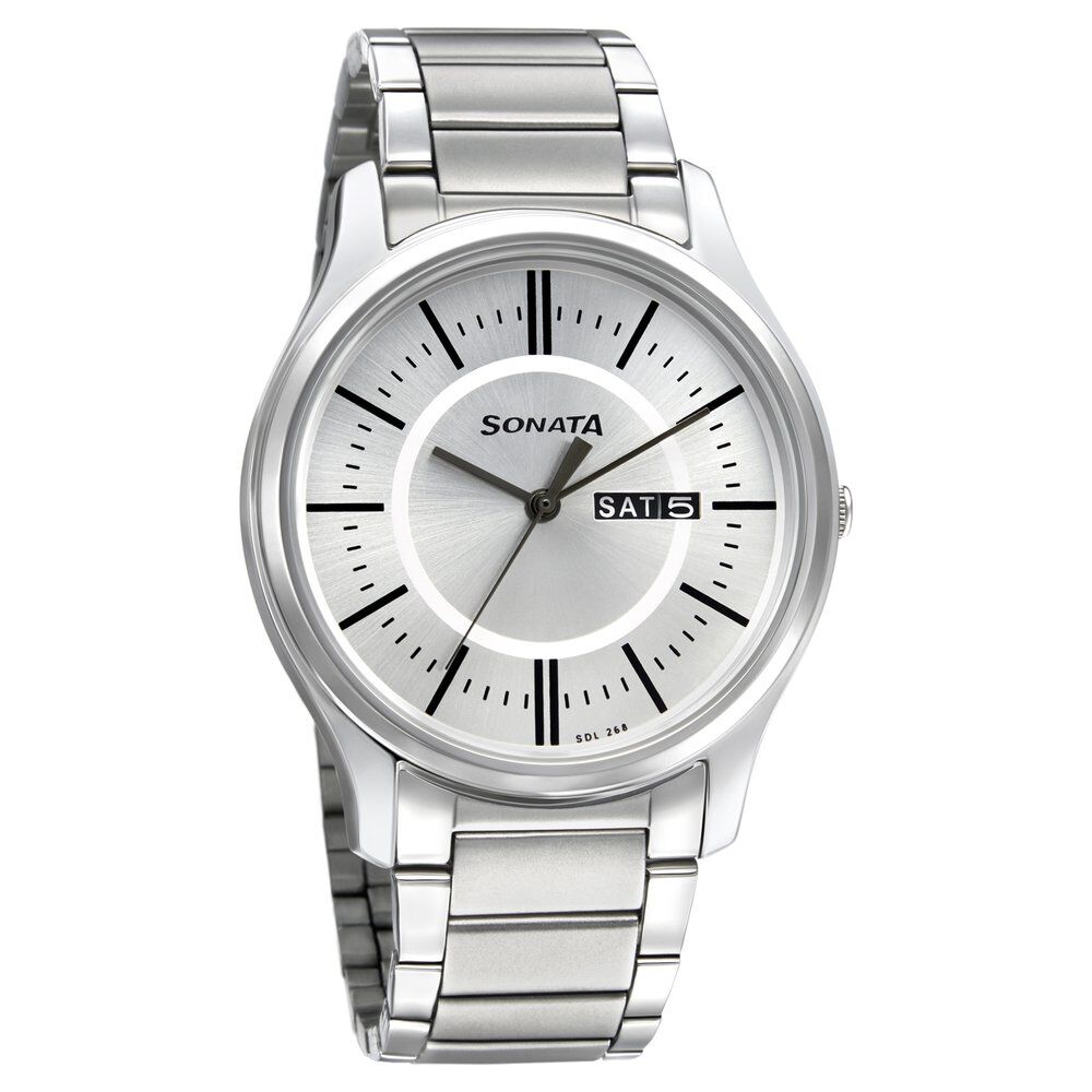 Sonata Quartz Analog with Day and Date Silver Dial Stainless Steel