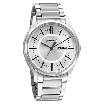 Sonata Quartz Analog with Day and Date Silver Dial Silver Stainless Steel Strap Watch For Men